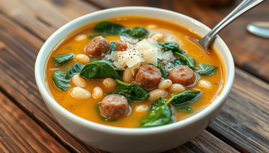 15-minute Sausage and White Bean Soup served in a white bowl.