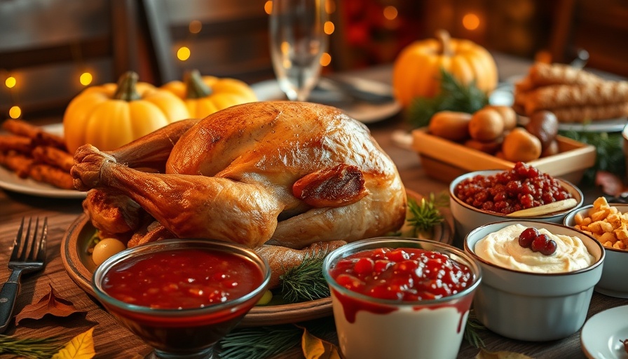 Thanksgiving feast with turkey and cranberry sauce for easy recipes.