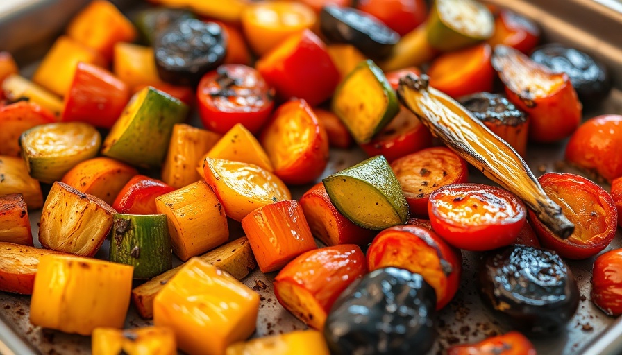 Quick-pickled roasted vegetables on a baking tray.