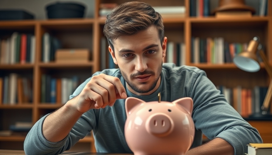 Young man saving with piggy bank in home office, AI salaries in the UK.