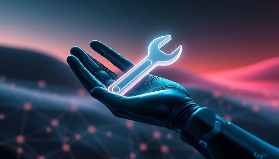 AI agents in aviation maintenance depicted as a digital hand with a glowing wrench.