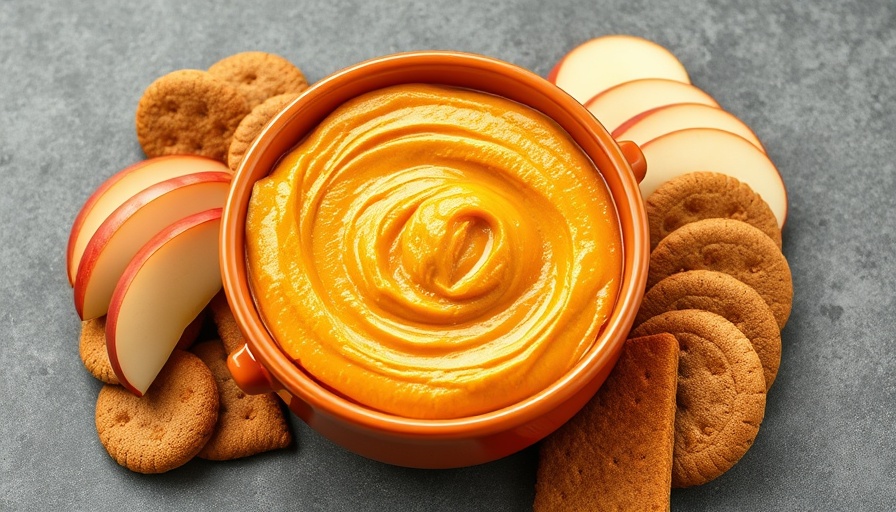 Quick Pumpkin Dip Recipe: creamy dip in orange bowl with snacks.