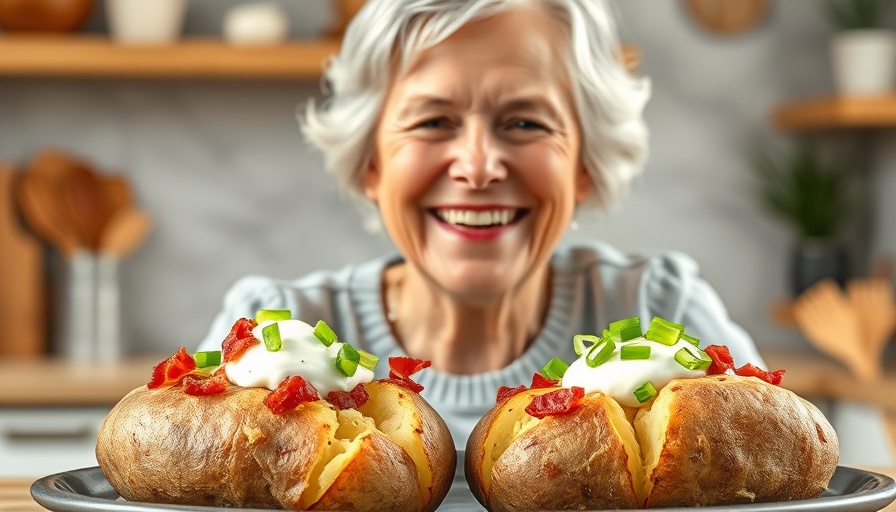 Baked potatoes with toppings beside smiling woman