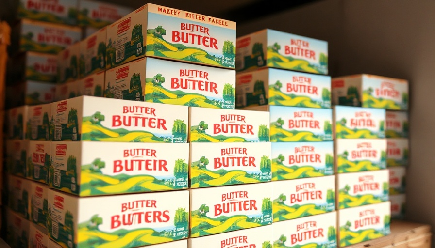Packaged butter boxes stacked neatly with vibrant landscape illustrations and branding.