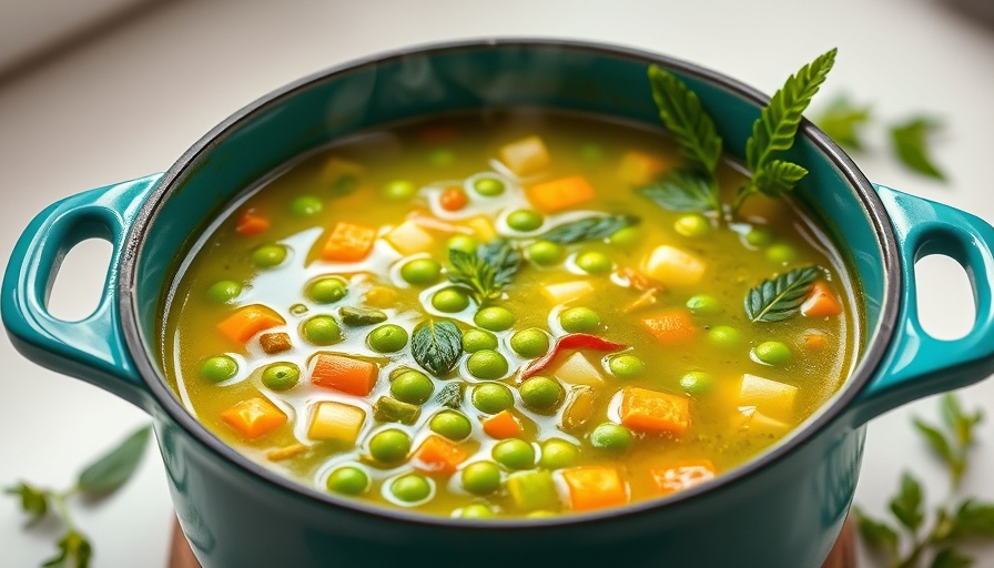Wholesome pea soup with vegetables in teal pot on kitchen countertop.