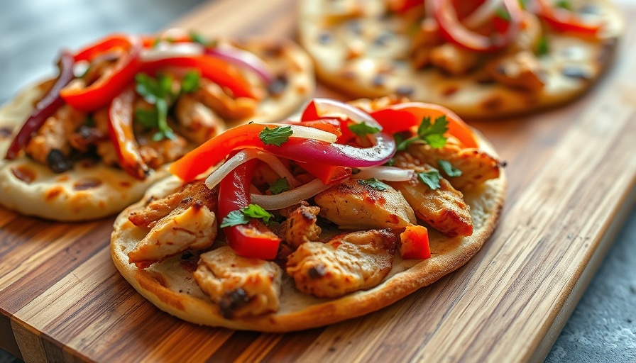 Sliced BBQ chicken flatbread with toppings on a wooden board.