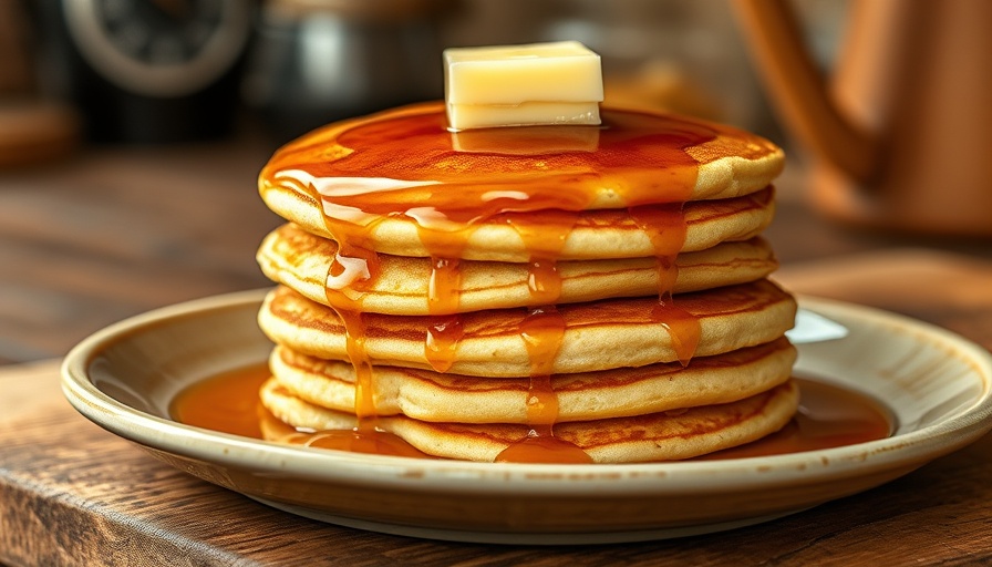 Pancakes with apple cider vinegar, deliciously drizzled with syrup and butter.
