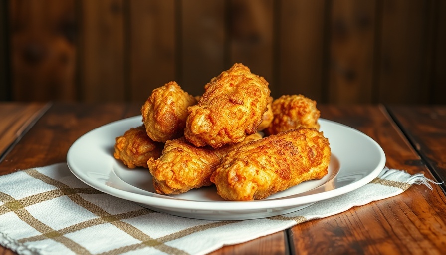 Crispy fried chicken on a plate with a rustic background.