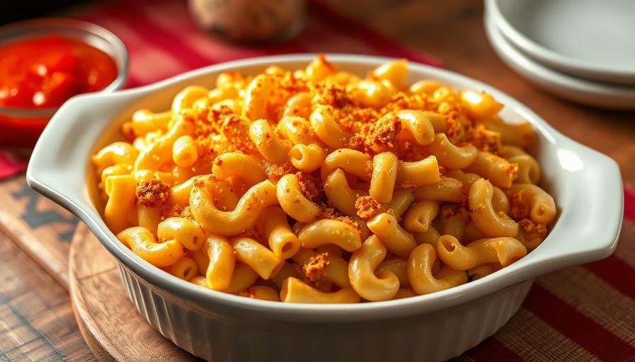 Delicious 70-year-old mac and cheese recipe in white dish, vintage.