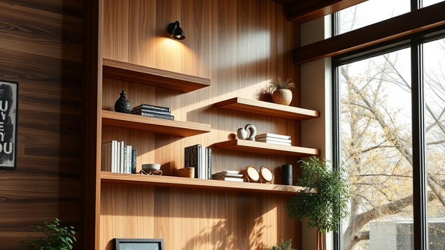 Modern shelves with decor and picture light in cozy room.
