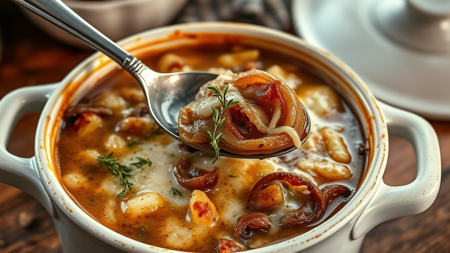 Bistro-style French onion soup in a ceramic bowl with cheese topping.