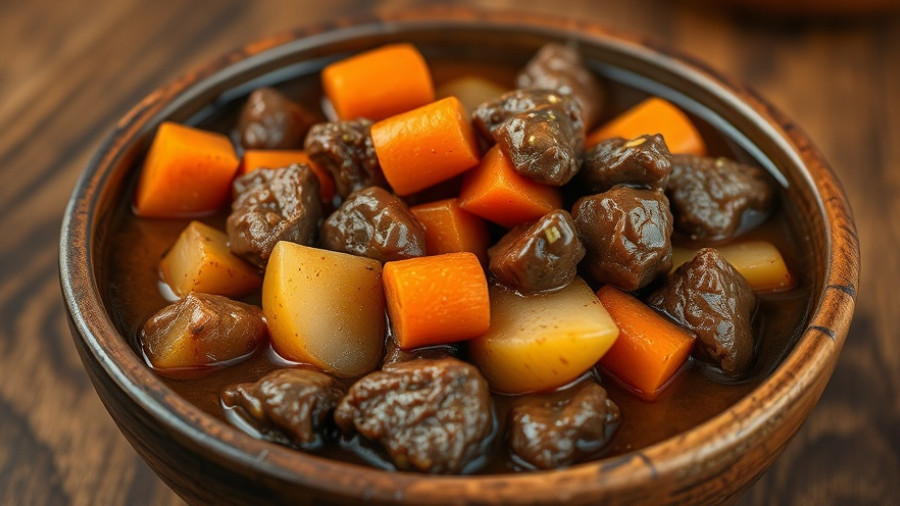 Hearty bowl of beef stew with V8 juice, carrots, and potatoes.