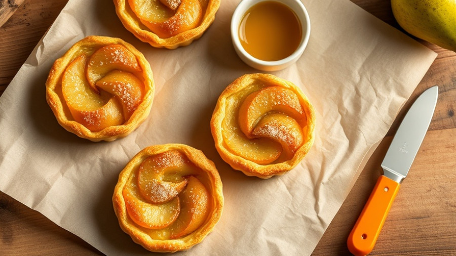 Golden-brown pear tarts, flaky crust, baking scene