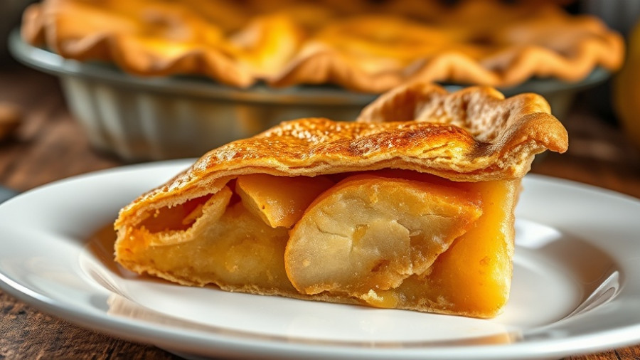 Golden brown apple pie slice on plate, rustic setting.