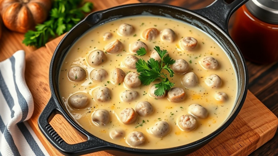 Easy Sausage Gravy Recipe in a skillet garnished with parsley.