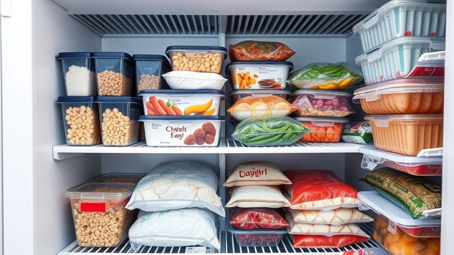 Organized freezer with containers; learn how long food lasts in the freezer.