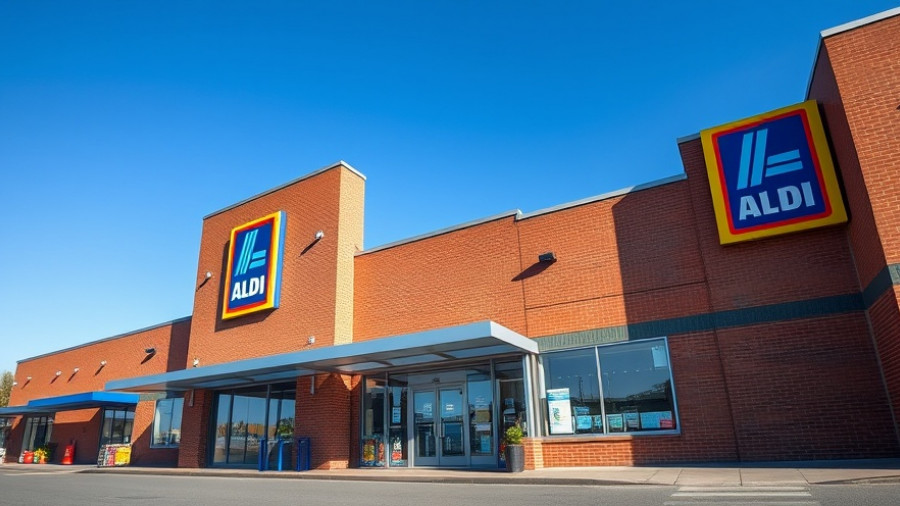 Front view of ALDI supermarket showcasing the logo and brick exterior.