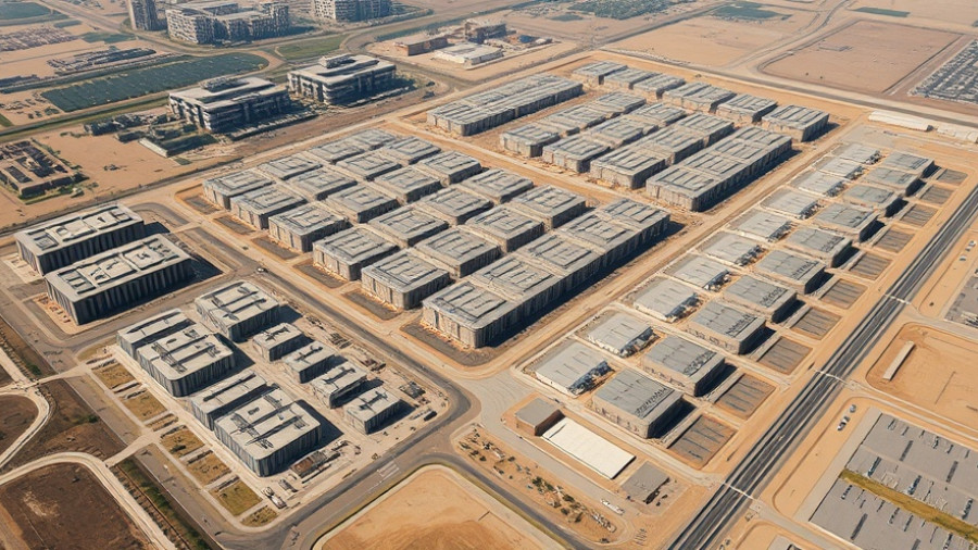 Aerial view of data center construction, showcasing expansive infrastructure and buildings.