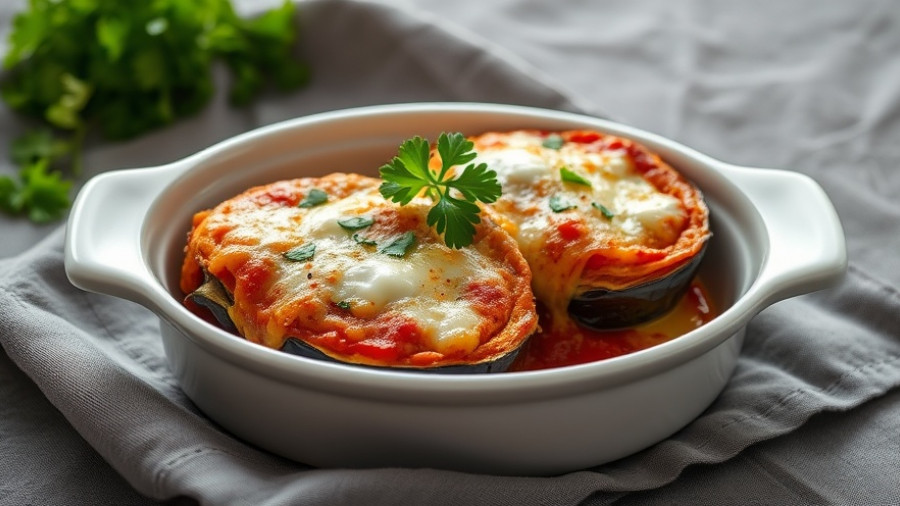 Golden baked eggplant parmesan topped with bubbling cheese