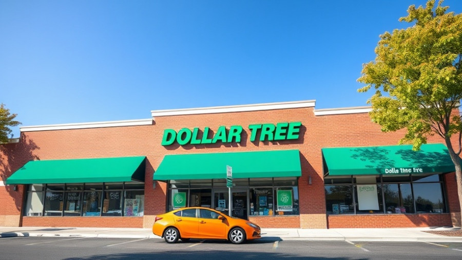 Dollar Tree store exterior with green awnings and parked car.