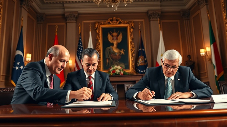 Political leaders signing agreement in formal setting.