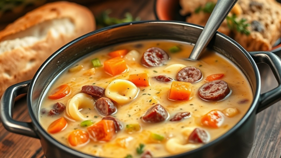 Creamy tortellini soup with sausage and vegetables.