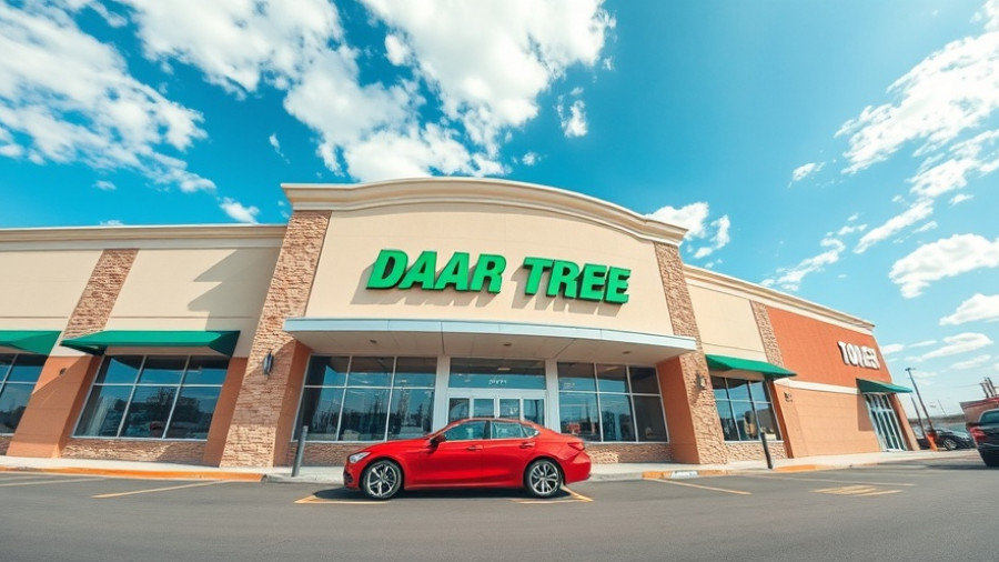 Front view of Dollar Tree store on a sunny day with red car in lot.