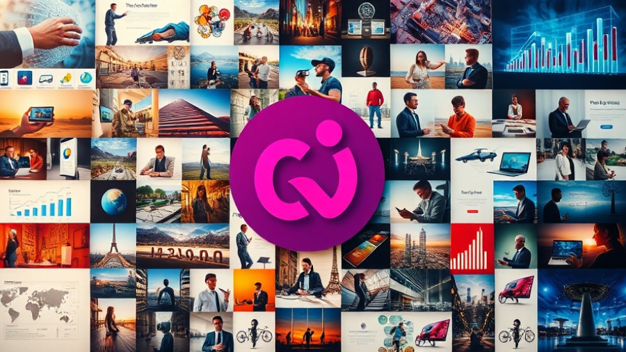 Collage of technology and culture images with a central pink logo.