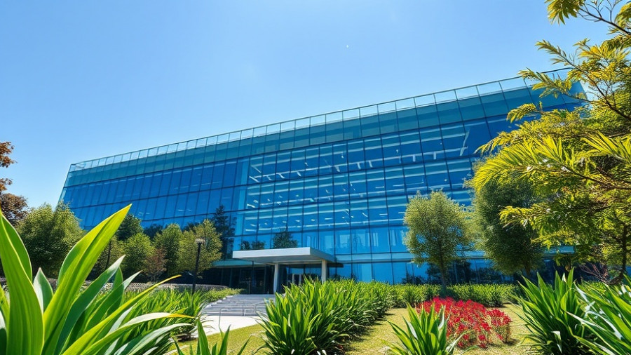 Tech company headquarters with glass facade and landscaping, sunny day.