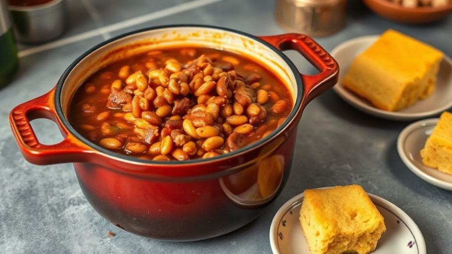 Savory pork and beans recipe in a rustic pot with cornbread nearby.