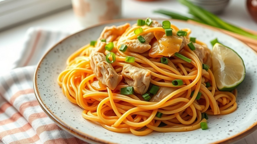 Easy dinner recipe: noodles with chicken and lime wedge on a ceramic plate.