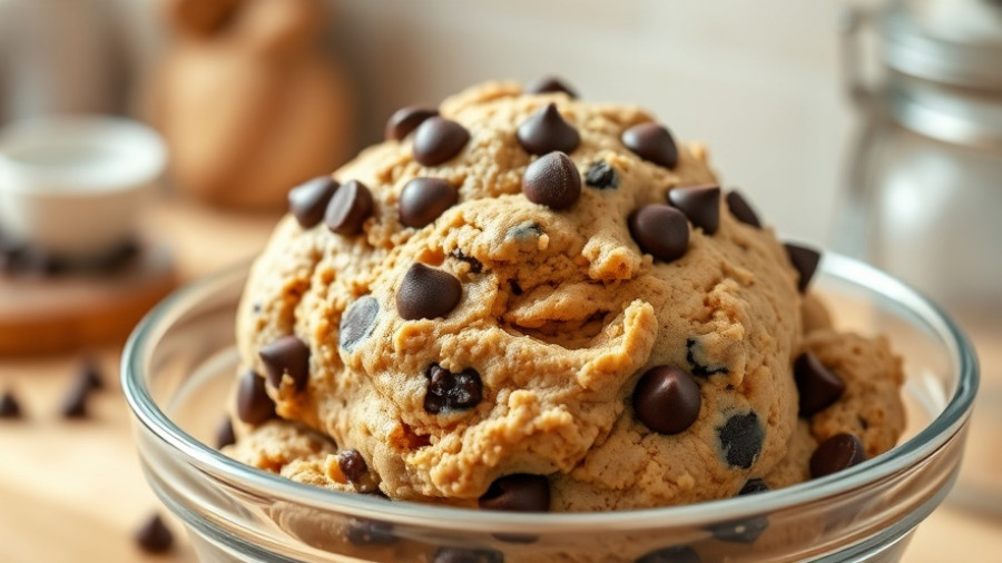 Richly textured chill cookie dough with chocolate chips in a glass bowl.