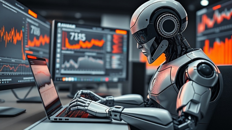 AI robot analyzing crypto trading data on multiple screens in a futuristic office.