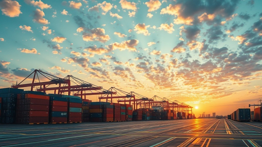 Futuristic shipping port with AI-themed design, AI Cost Compression concept.