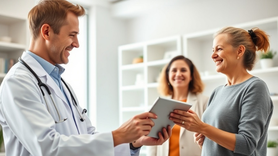 Friendly doctor sharing digital information with patient in healthcare setting.