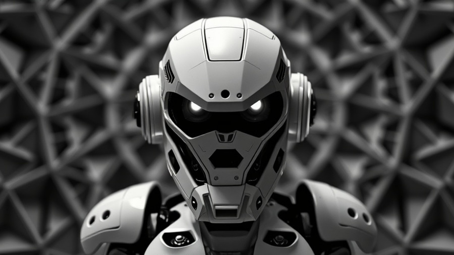Monochrome robotic figure with geometric background, Claude AI.