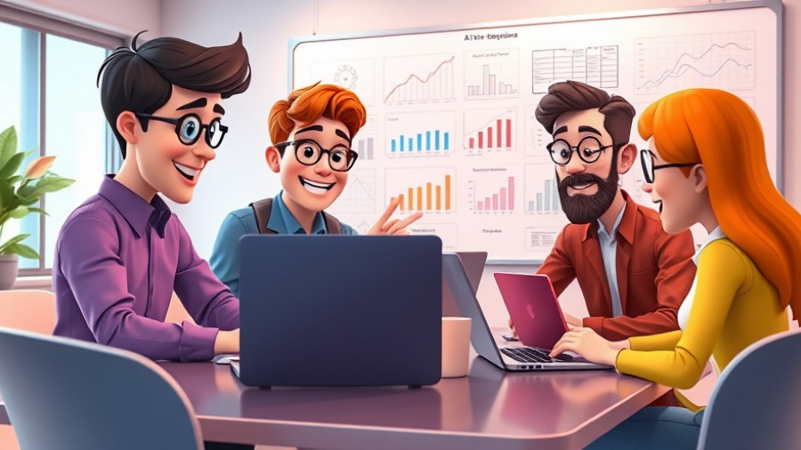 3D cartoon team discussing AI with laptops and charts, vibrant office environment.