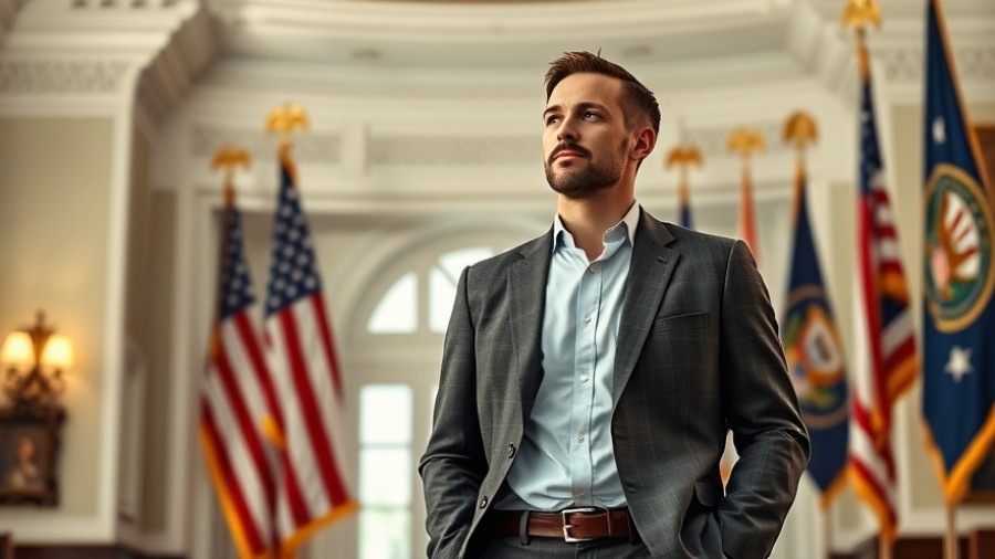 Confident man in decorated room with flags, Tesla AI5 context.