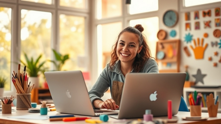Creative artist engaging with a laptop in a sunlit art studio.