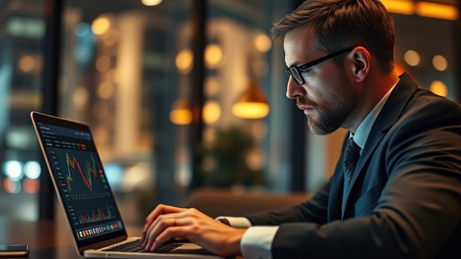 Businessman analyzing trending AI stocks on laptop in office.