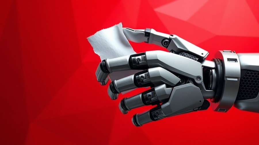 Agentic AI robotic hand with paper, red backdrop