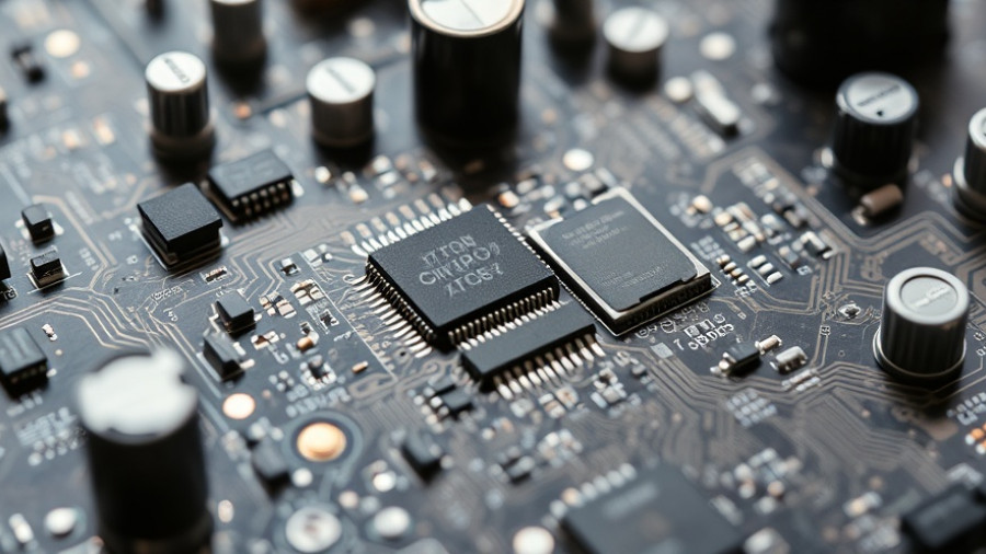 Detailed electronic circuit board illustrating AI agents across chips.