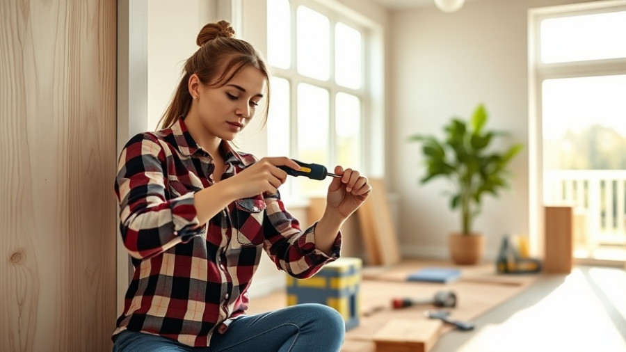 Woman preparing home for sale with screwdriver in modern interior.
