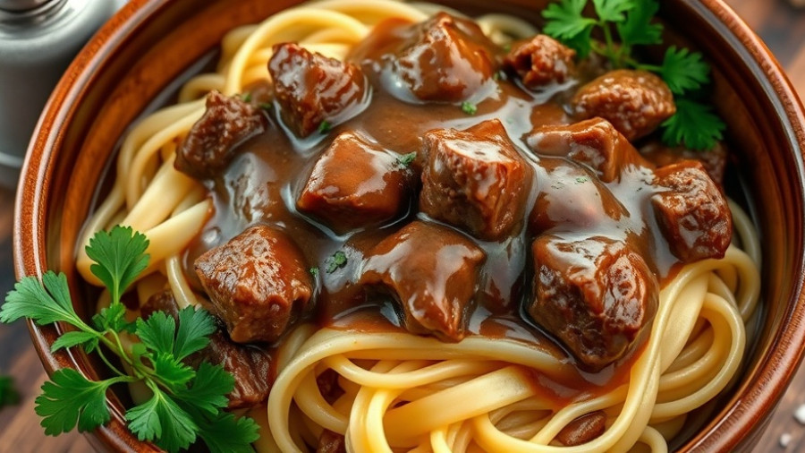 Hearty one-pot beef and noodles recipe, rustic style.