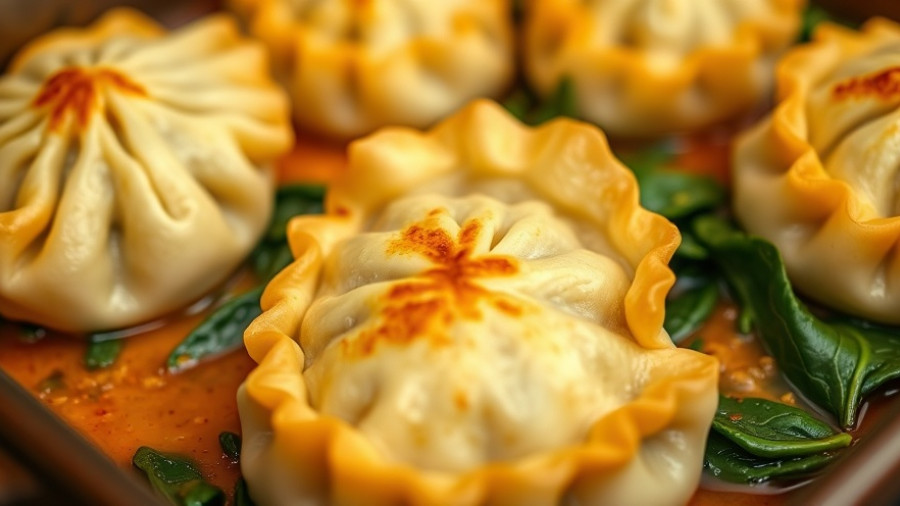 5-Ingredient Dumpling Bake in a savory sauce with spinach.