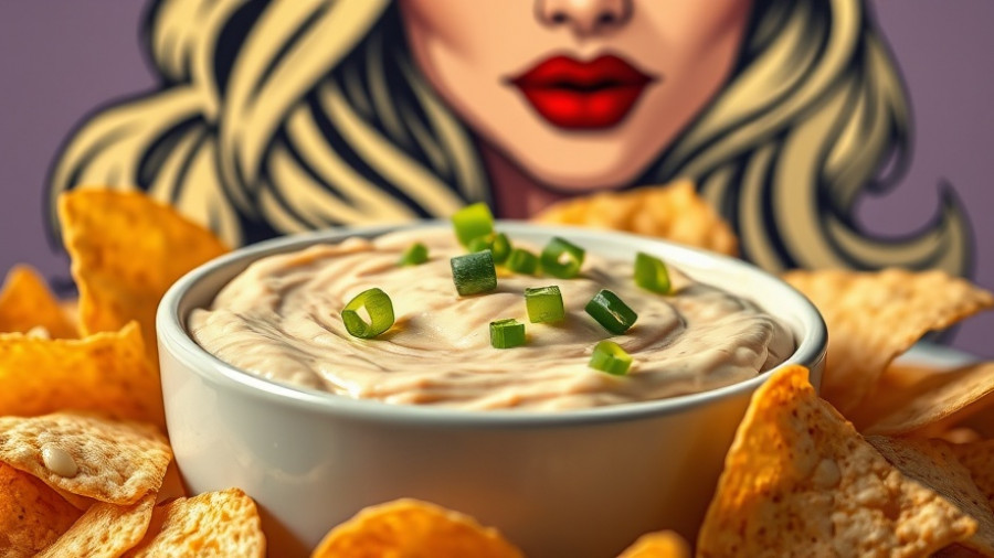 Sabrina Carpenter's mom dip recipe with tortilla chips on a vibrant background.