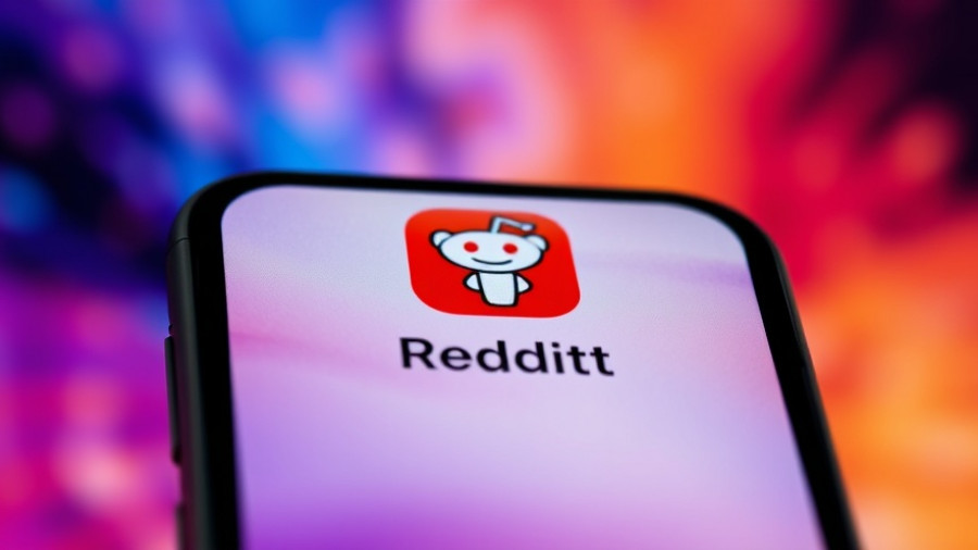 Smartphone with Reddit app icon, vibrant background.