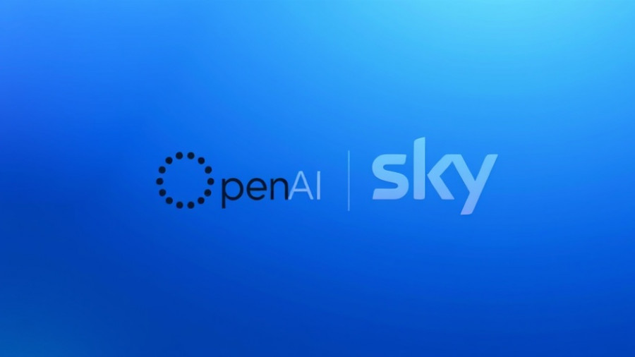 OpenAI acquires Sky visual with logos on blue gradient background.