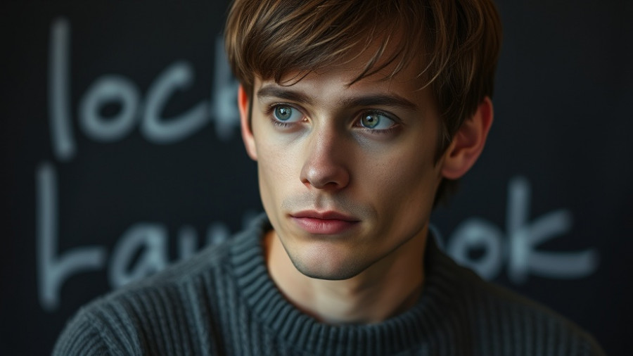 Portrait of a person with a thoughtful expression against a dark background with white text.