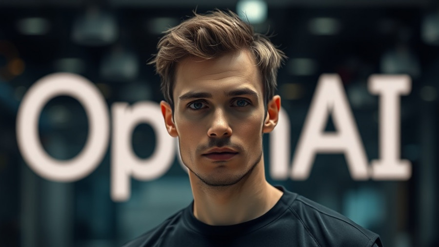 Serious man with 'OpenAI' text background, photorealistic style.